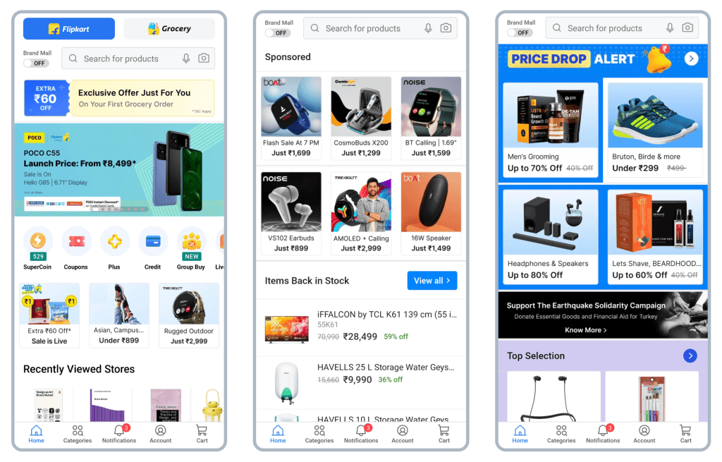 Screenshot of a mobile shopping app interface featuring product categories, promotional offers, and advertisements for electronics and household items.