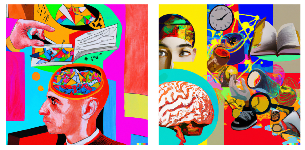 A colorful abstract illustration depicting two human heads with various elements representing thoughts and creativity. The left side features a man with a hand interacting with geometric shapes and colors inside his head, while the right side shows a person's face with a vibrant brain, clock, book, and other symbols of knowledge and exploration.