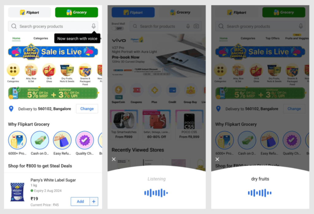 Screenshot of the Flipkart grocery app featuring a sale announcement, categories for grocery shopping, and a voice search option. The app interface displays various grocery items including dry fruits, snacks, and packaged food.