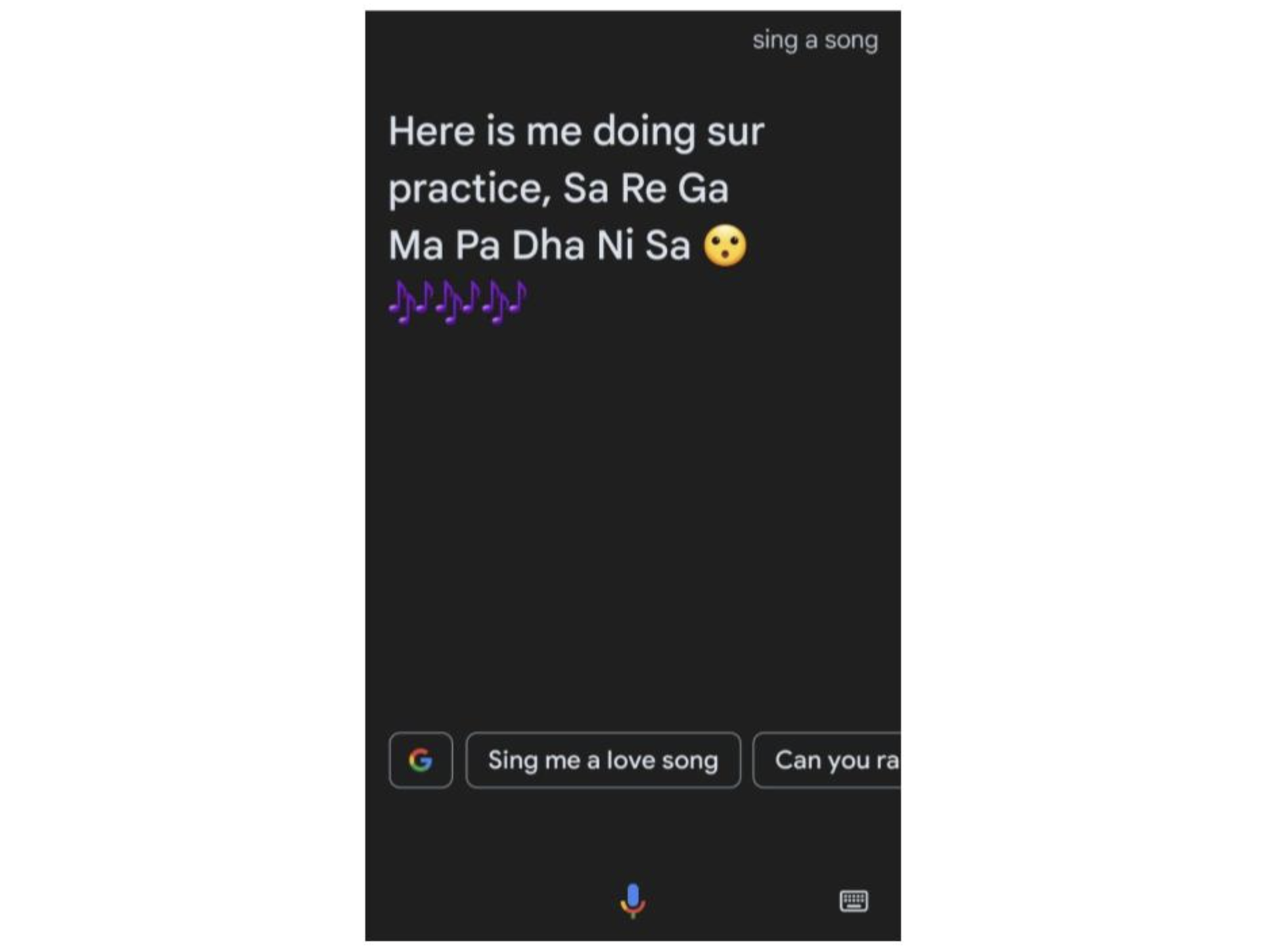 Mobile app interface showing text about singing practice and musical notes.