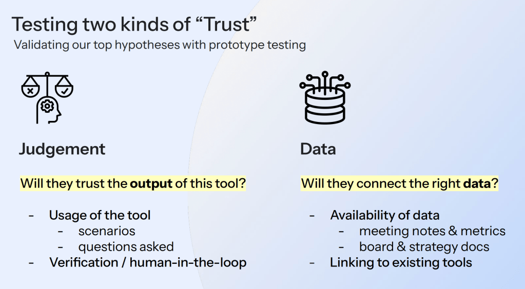 Infographic comparing two types of trust: Judgement and Data, with questions to validate trust in tool output and data connection.